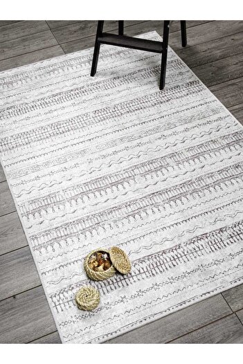 Oriente Home Scandinavian Patterned White Gray Washable Non-Slip Base Velvet Runner Hallway Carpet 7788