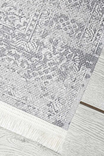 Oriente Home Klasik Halı Gri Yıkanabilir Şönil Dokuma Saçaklı Kaymaz Taban Salon Halısı 7455