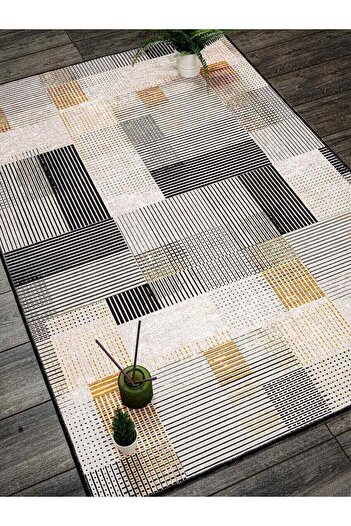Oriente Home Linear Patterned Black White Yellow Washable Non-Slip Base Velvet Runner Hallway Carpet 7919