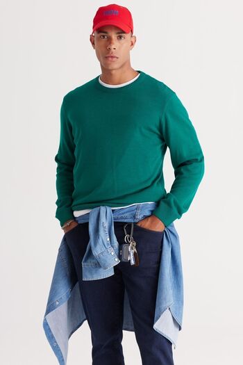 ALTINYILDIZ CLASSICS Men's Dark Green Crew Neck Knitwear Sweater - Non-Pilling, Anti-Pilling, Standard Fit