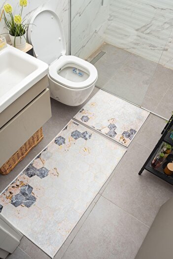 Oriente Home Honeycomb Patterned White Non-Slip Base Washable Velvet 2-Piece Bath Mat 8721