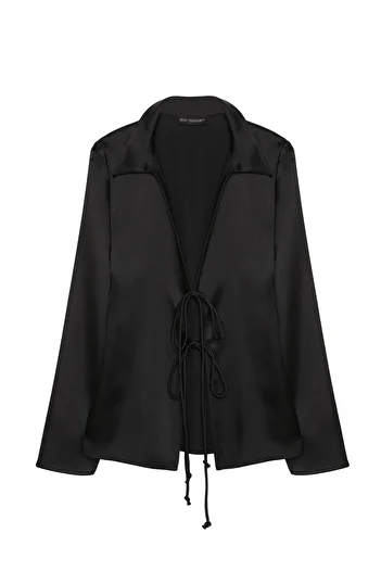 Quzu Satin Blouse - Black, Tie-Front Low-Cut