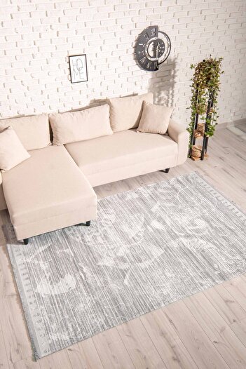 Oriente Home Eskitme Desenli Gri Halı Yıkanabilir Kaymaz Taban Şönil Makine Yatak Odası Halısı 7204