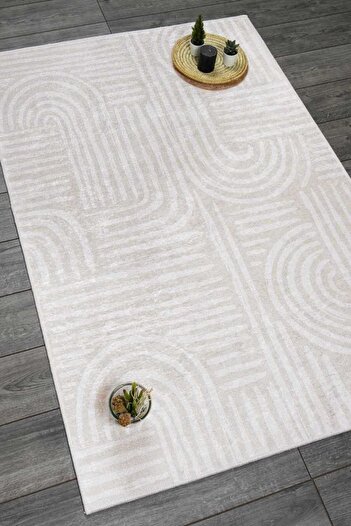 Oriente Home Modern Patterned Light Beige White Velvet Carpet Washable Non-Slip Base Hallway Carpet Runner 7016