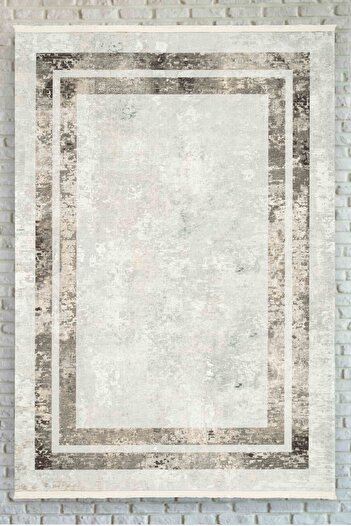 Oriente Home Bordürlü Açık Gri Kahverengi Yıkanabilir Kaymaz Taban Şönil Halı 8226