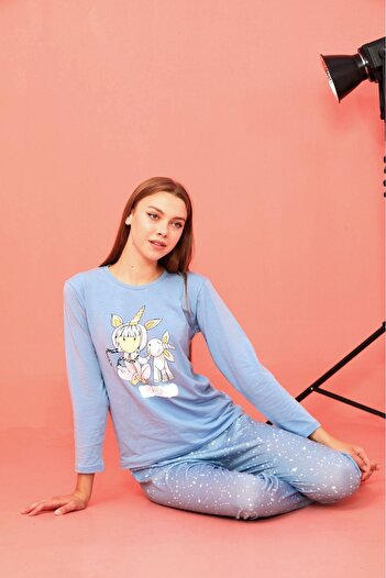MEBA Blue Patterned Women's Combed Cotton Pajama Set - Long Sleeve and Cuffed