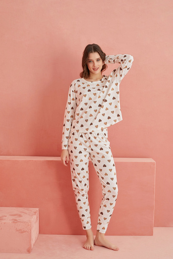 ELİTOL Long Sleeve Heart Patterned Ecru Knitted Pajama Set