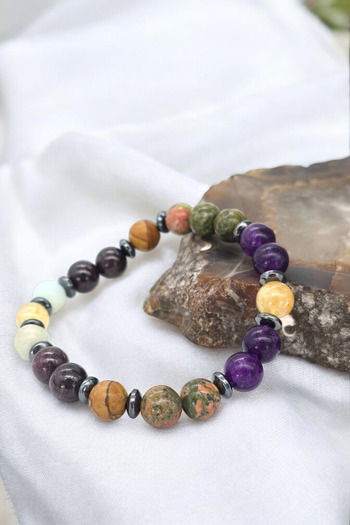 NBS Beautiful Naturel Stones Virgo (Citrin,Amethyst,Unacid,Jasper,Lal,Amazonite,Hematite) Natural Stone Bracelet
