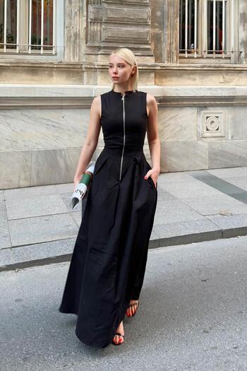 Swist Rochie midi de damă cu pliuri cu buzunar dublu Cris neagră