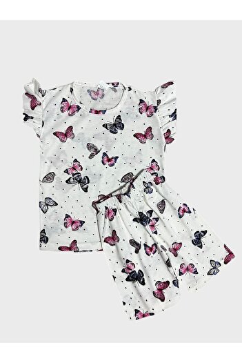 Fil Kids White Butterfly Patterned Frilly Sleeve Cotton Shorts Pajamas Set for Girls