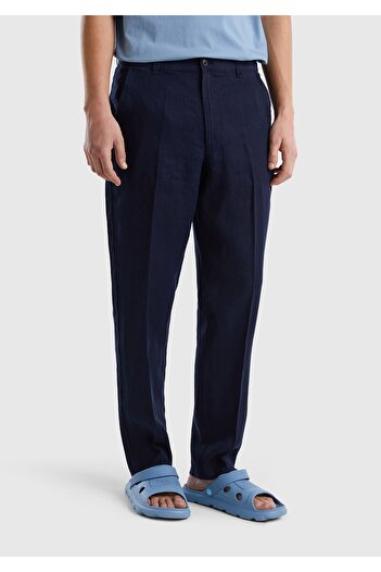 United Colors of Benetton Men's Dark Navy - 100% Linen Trousers