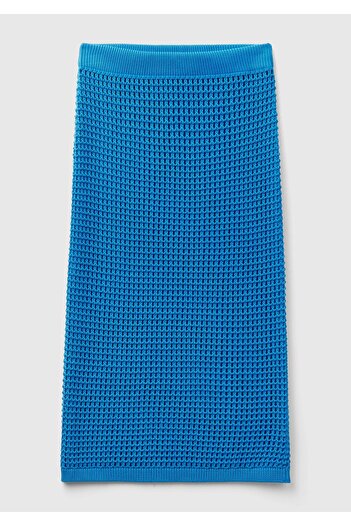 United Colors of Benetton Fusta de damă cu motiv tricotat albastru - 100% bumbac, guler până la gambe