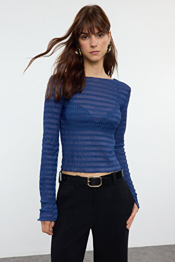 Trendyol Collection Πλεκτή μπλούζα Indigo Stretch Tulle με υφή - Εφαρμογή στο σώμα, Twoaw25bz00207