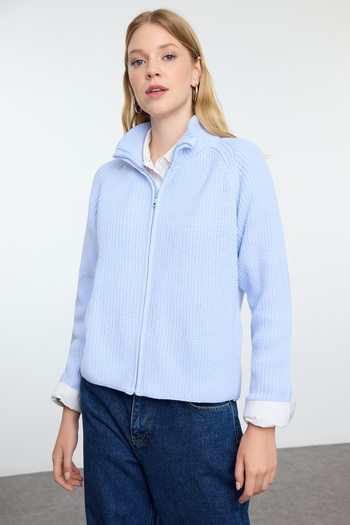 Trendyol Collection Light Blue Stand Collar Zippered Knitwear Cardigan - Twoaw25Hi00099