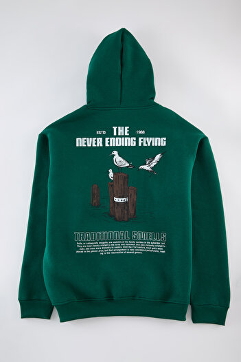 Trendyol Collection Μπλούζα από βαμβακερό φλις με κουκούλα Emerald Green Oversize - TMNAW24sw00136