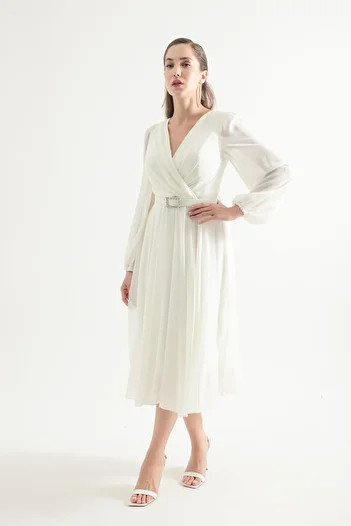 Lafaba White Chiffon Midi Evening Dress - Belted Women's Dress