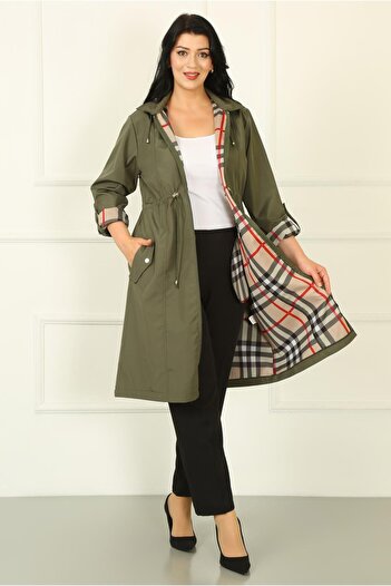 By Alba Collection Women's Khaki Long Plaid Detail Large Size Trench Coat