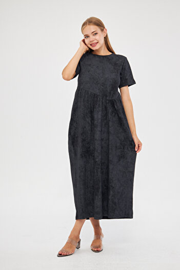 ESPİNA Cupra Short Sleeve Maxi Dress - Acid Washing Effect and Drawstring