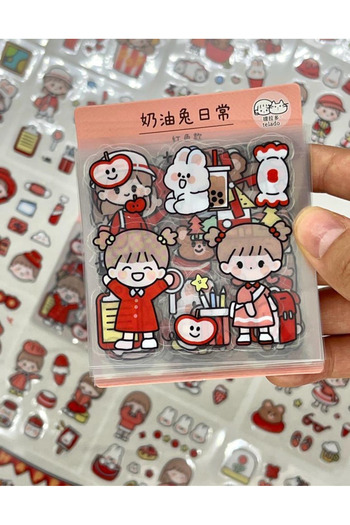 Kağıt Gemi Dükkan Cute Girl and Her Friends Red Transparent 20 Sheets 160 Pieces Stickers/Labels/Decals/Bullet Journal