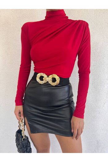 ALLEYTA Shoulder and Waist Draped Stand Collar Long Sleeve Crop Women's Blouse