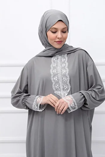 Kutay Collection Εποχιακό γυναικείο φόρεμα προσευχής με δαντέλα και μαντίλα - Ρούχα προσευχής κατά του ιδρώτα
