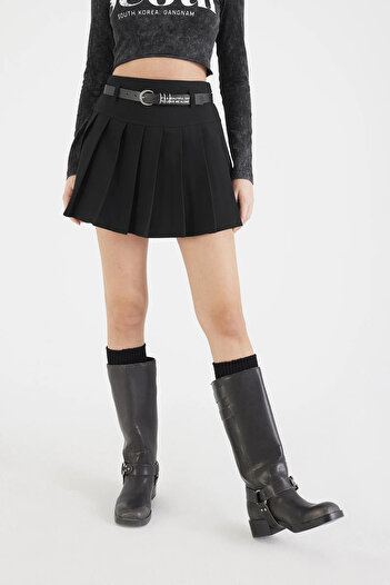 İKLİM LİFE Black Mini Pleated Belted Skirt