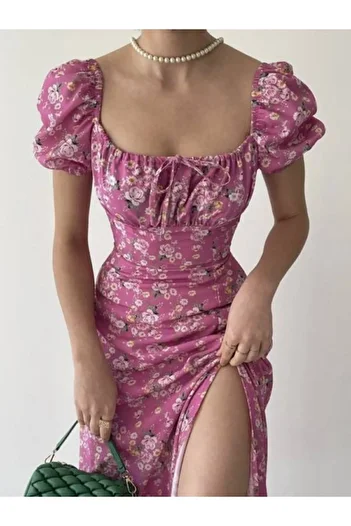 BENDİSTAR BUTİK Pink Floral Midi Length Slit Dress