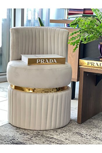 Breda Home Concept Lüks Modern Baby Face Kumaşlı Gold Detaylı Yuvarlak Silinebilir Kumaşlı Mono Krem Puf