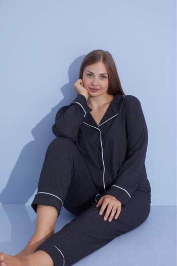 PİJAMOOD Women's Long Sleeve Cotton Front Buttoned Pajamas Set with Piping