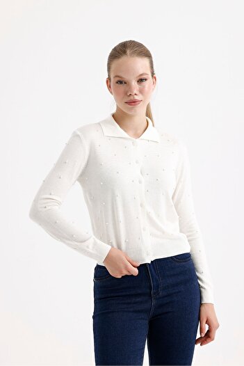 fujya Women's Stone Embroidered Polo Collar White Knitwear Cardigan