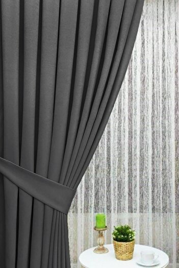 İ.D İpek Dokuma Anthracite Gray Pleated Background Curtain Velvet Look Honeycomb Texture 1stClass Quality