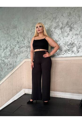 Butik Nilyam Flexible and Elastic Waist Women's Twist Pants - Black 24163 Plus Size