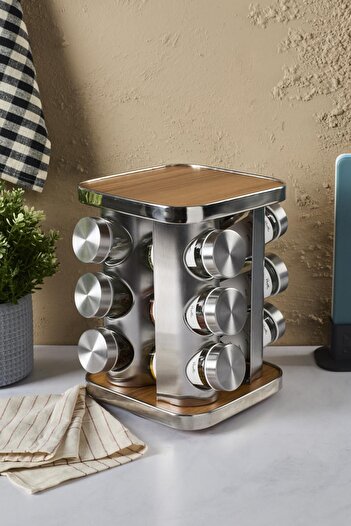 Perotti Casa Wood 12-piece Spice Rack Set - Wooden Swivel, Square Glass Metal Lid
