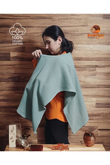BeybiNest Multi Muslin Poncho Single Product Λειτουργικό κάλυμμα καροτσιού και σαλιάρα θηλασμού Πράσινο κάλυμμα θηλασμού