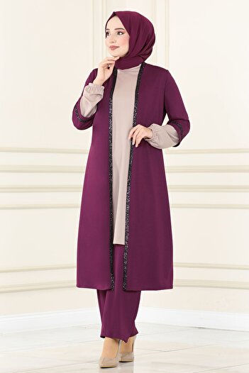 Ayşe Melek Sequin Hijab Dress - Plum-Mink Women's Evening Dress 2670