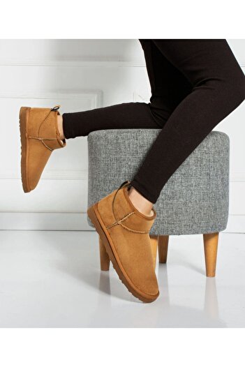 Ecru Γυναικείες Μπότες Mini Tan Suede - Γούνα εσωτερικά, Λεπτή σόλα