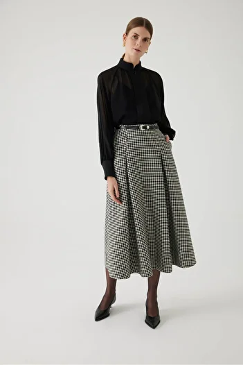 Exquise Gingham Patterned Belted Regular Midi Skirt - A-Line