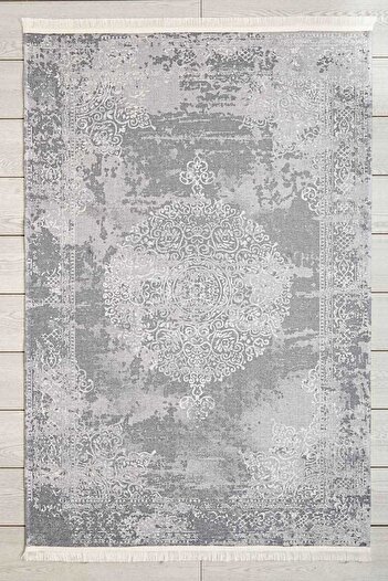 Oriente Home Klasik Halı Gri Yıkanabilir Şönil Dokuma Saçaklı Kaymaz Taban Salon Halısı 7455
