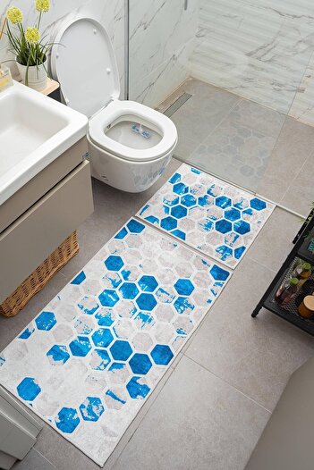 Oriente Home Honeycomb Patterned White Blue Non-Slip Base Washable Velvet 2-Piece Bath Mat 8715