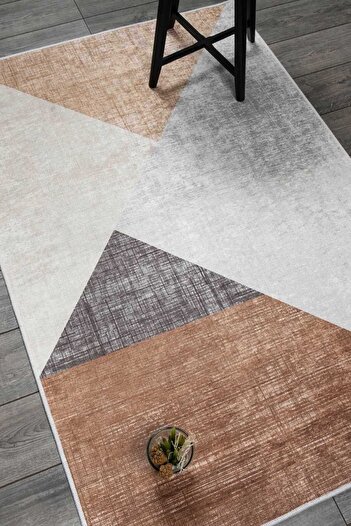 Oriente Home Geometric Patterned Brown Beige Velvet Carpet Washable Non-Slip Base Living Room Kitchen Carpet 7121