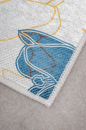 Oriente Home Flower Patterned White Yellow Blue Non-Slip Base Washable Velvet 2-Piece Bath Mat 8702