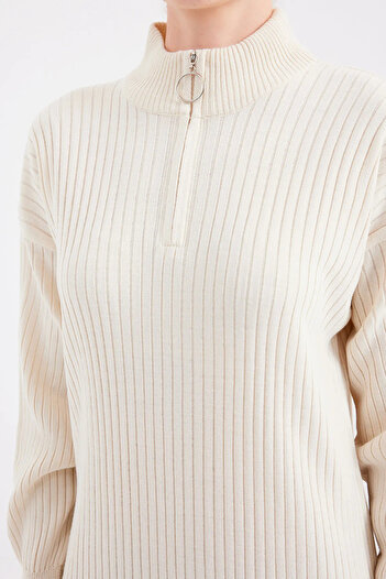 İKLİM LİFE Stone Color Zippered Boydandan Knitwear Dress