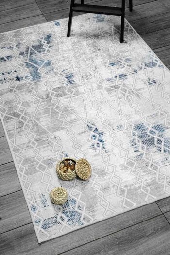 Oriente Home Modern Patterned White Gray Blue Washable Non-Slip Base Velvet Runner Hallway Carpet 7018