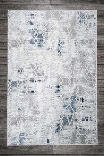 Oriente Home Modern Patterned White Gray Blue Washable Non-Slip Base Velvet Runner Hallway Carpet 7018