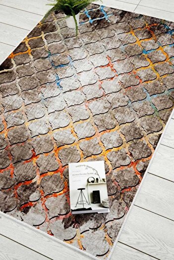 Oriente Home Bohemian Patterned Brown Velvet Washable Non-Slip Base Runner Hallway Carpet 7607