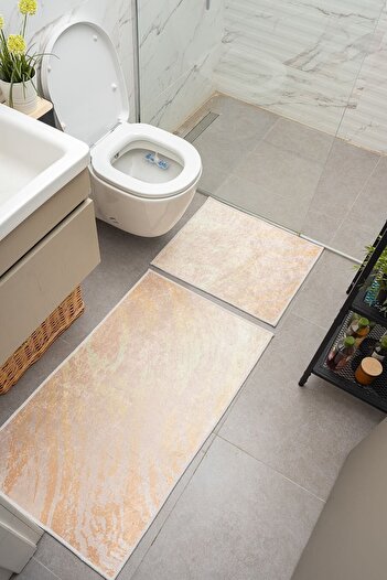 Oriente Home Μοντέρνα σχεδίαση κρεμ αντιολισθητική βάση που πλένεται βελούδινη χαλάκι μπάνιου 2 τεμαχίων 8714