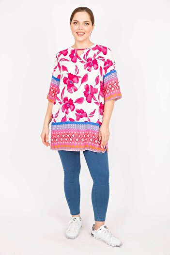 Şans Women's Fujya Large Size Woven Viscose Fabric Water Patterned Tunic 65n35878
