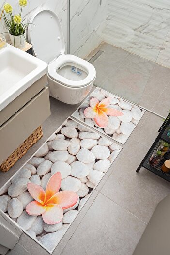 Oriente Home Stone Patterned White Pink Non-Slip Base Washable Velvet 2-Piece Bath Mat 8732