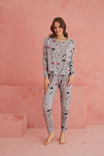 ELİTOL Long Sleeve Gray Sheep Patterned Knitted Pajama Set