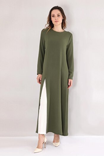 Fashion Showcase Khaki Long Aerobin Tunic - Slit Dress